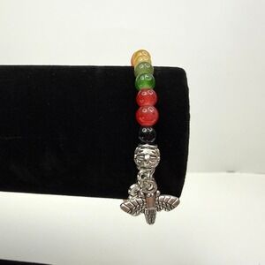 Colorful Glass Agate Gemstone Beaded Charm Bracelet Silver Tone Flower Bee*
